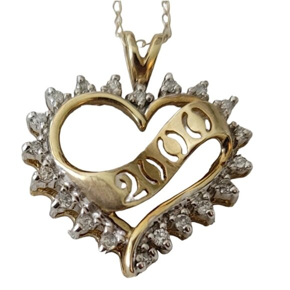 10K Yellow Gold Y2K 2000 Heart Diamond Pendant Chain Necklace 16.5" Long, E859 - Picture 6 of 10
